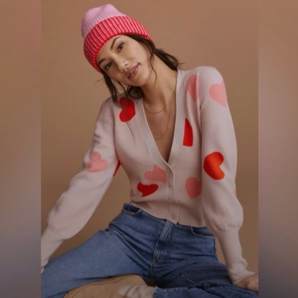 Anthropologie Pink and Red Heart Cardigan